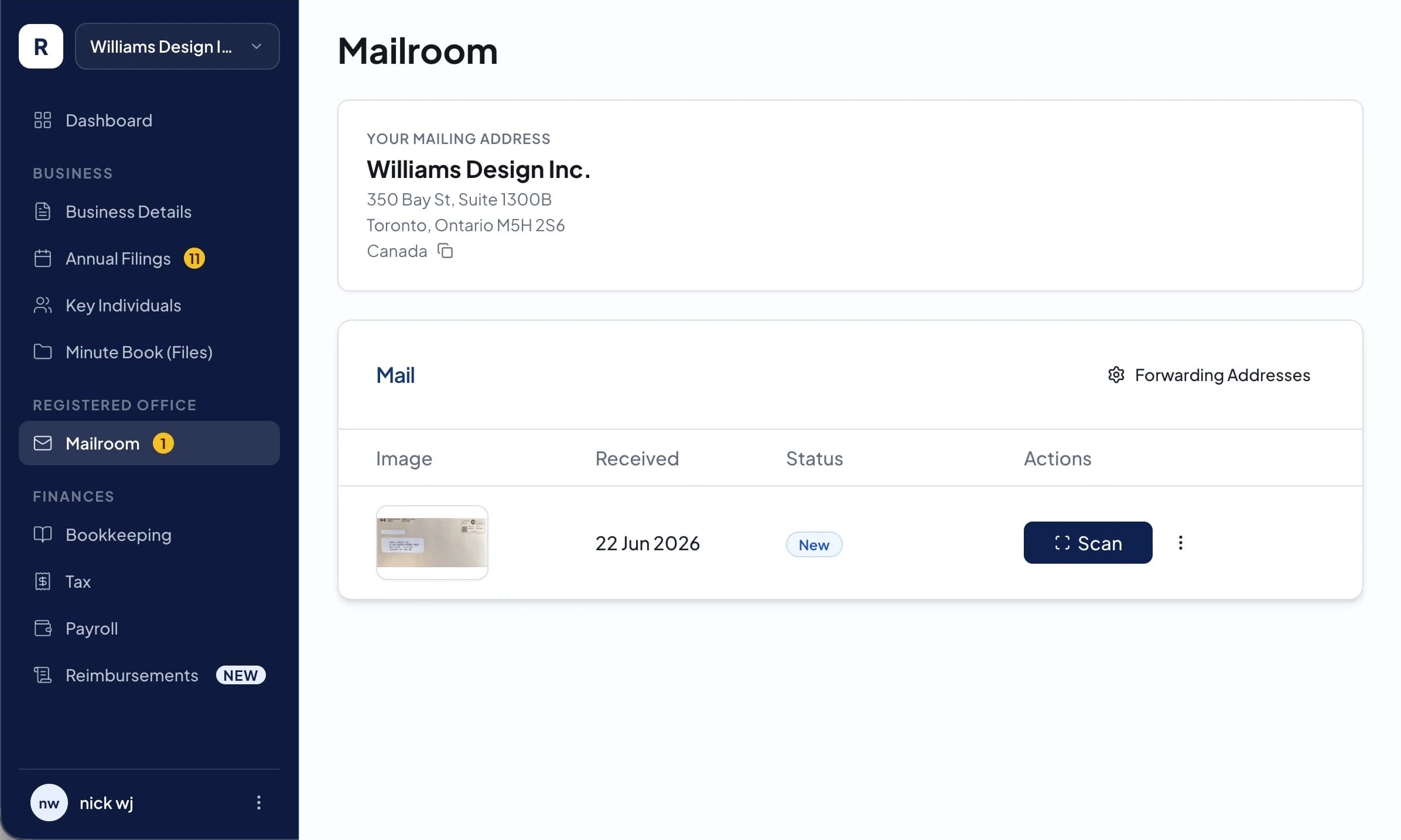 Ribbon Business Mailroom dashboard showing a registered office mailing address and scanned mail