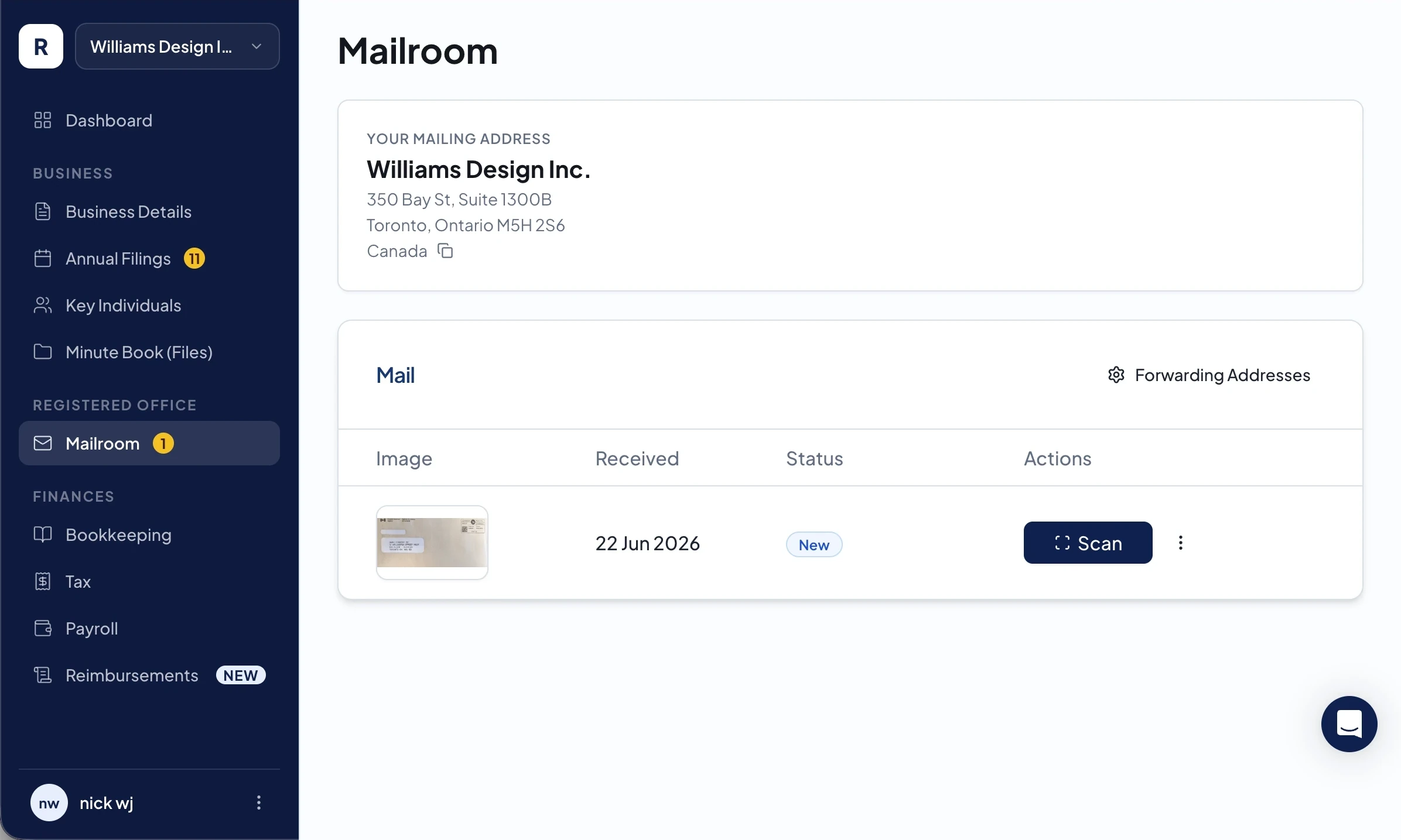 Ribbon Business Mailroom dashboard showing a business mailing address and scanned mail