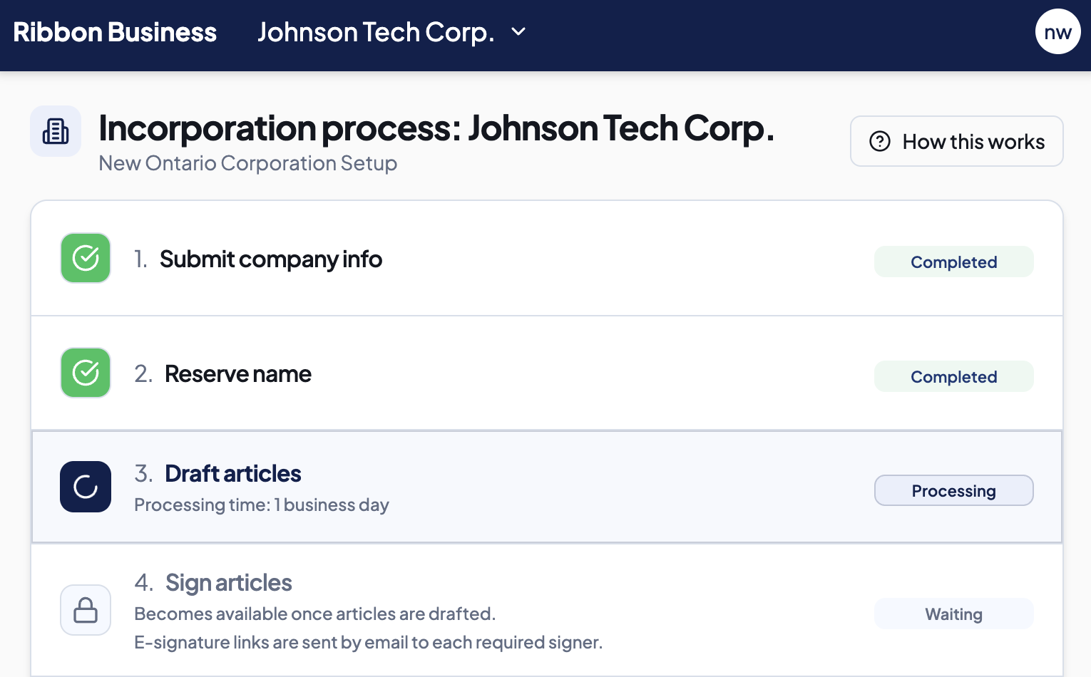 Incorporation workflow showing tracked steps with status pills